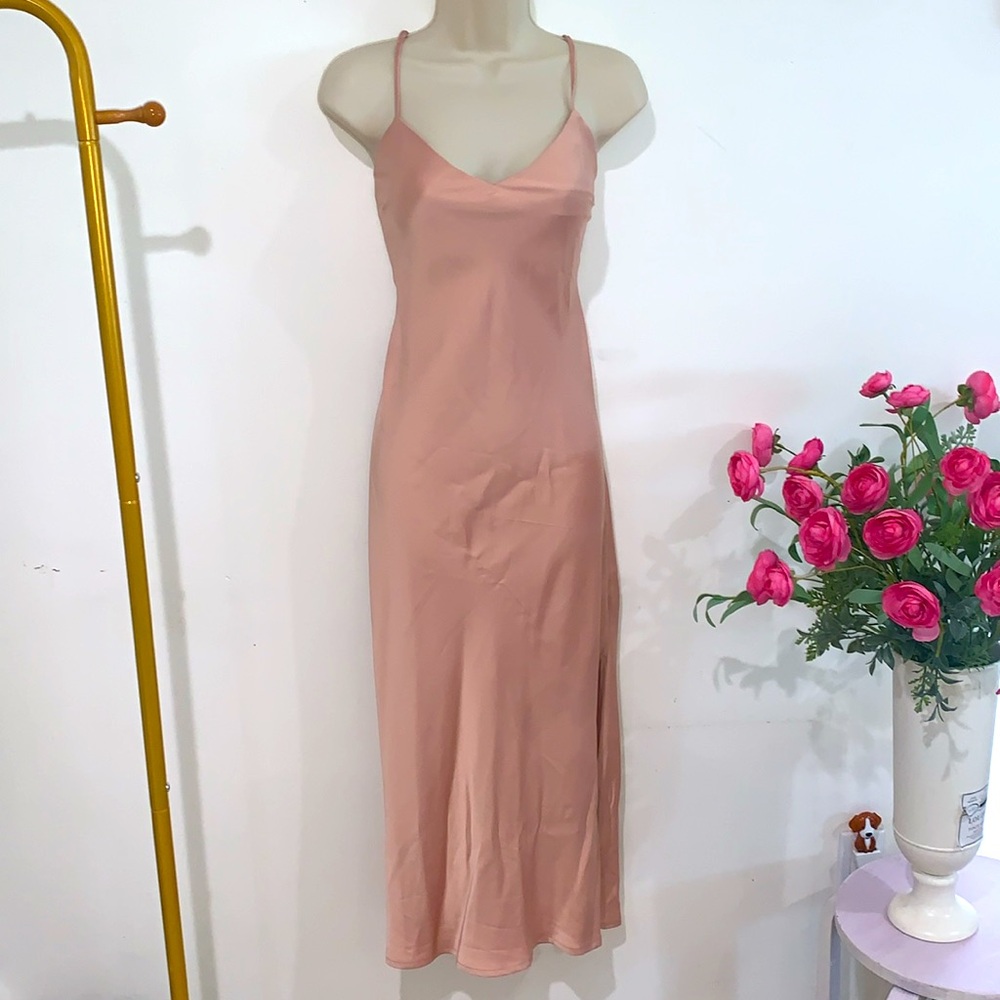 Nude Beige Satin Side Slit Midi Slip Dress Designed in France